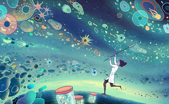 Artistic rendering of a scientist with a net capturing microbes in the sky.