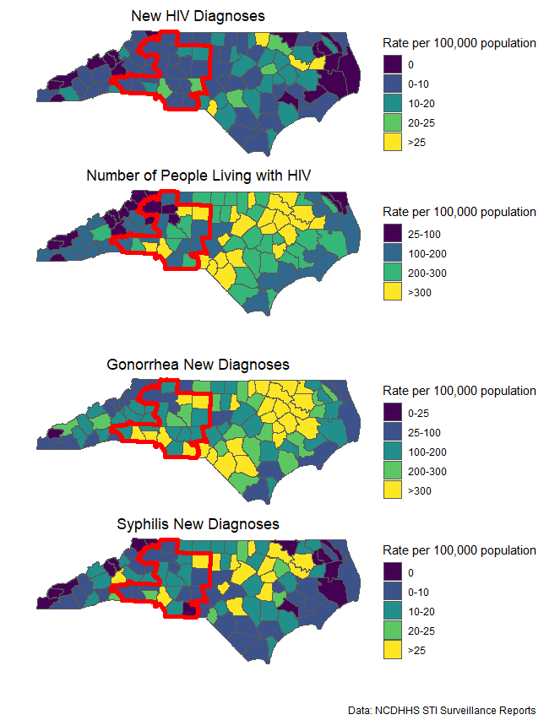 Graphs of sexually transmitted disease rates in North Carolina by county showing that the counties served by Atrium and Atrium Wake Forest Baptist Health have high rates of these diseases.