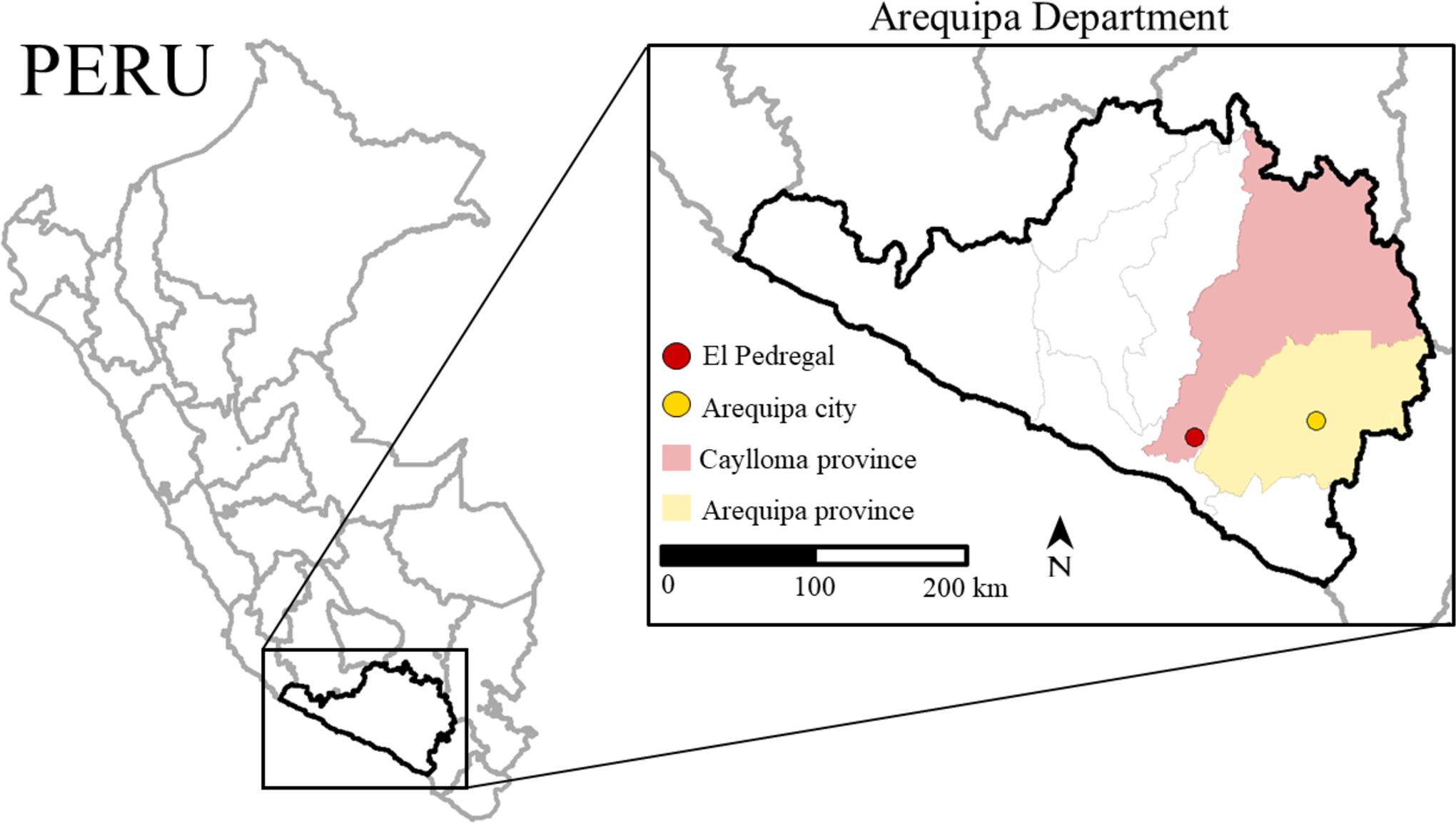 Map of Arequipa Department. Arequipa Department consists of 8 provinces. Prior to February 2021, rabies cases were contained in Arequipa province (the province containing Arequipa city). In February 2021, cases spread to the neighboring province of Caylloma, primarily in the city of El Pedregal. Seven cases have since been detected in El Pedregal. Shapefiles used to create maps are from Peru’s National Geo-referenced Data Platform Geo Peru.