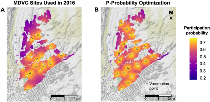 Predicted vaccination campaign participation. Panel A shows tent locations (white triangles) used in the 2016 MDVC, while panel B shows the optimized placement of tents obtained using the p-probability method. Houses (colored dots) are shaded according to their probability of participating in the MDVC, which was determined using our mixed-effects Poisson regression function with the random-effects coefficient for 2016 that related participation probability to distance to the nearest vaccination tent. These maps were created using R package ggmap version 4.0.0