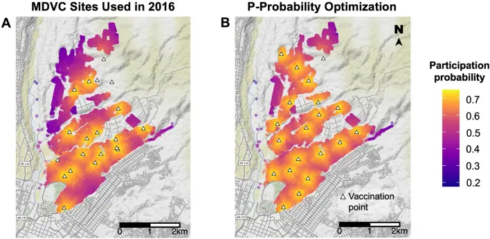 Predicted vaccination campaign participation. Panel&nbsp;A&nbsp;shows tent locations (white triangles) used in the 2016 MDVC, while panel&nbsp;B&nbsp;shows the optimized placement of tents obtained using the p-probability method. Houses (colored dots) are shaded according to their probability of participating in the MDVC, which was determined using our mixed-effects Poisson regression function with the random-effects coefficient for 2016 that related participation probability to distance to the nearest vaccination tent. These maps were created using R package ggmap&nbsp;version 4.0.0
